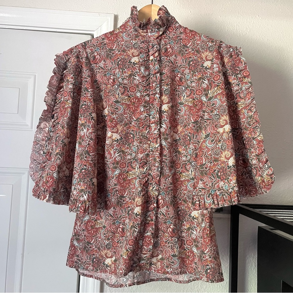 CAROLINE CONSTAS burgundy floral scrollwork print ruffle flutter sleeve blouse
